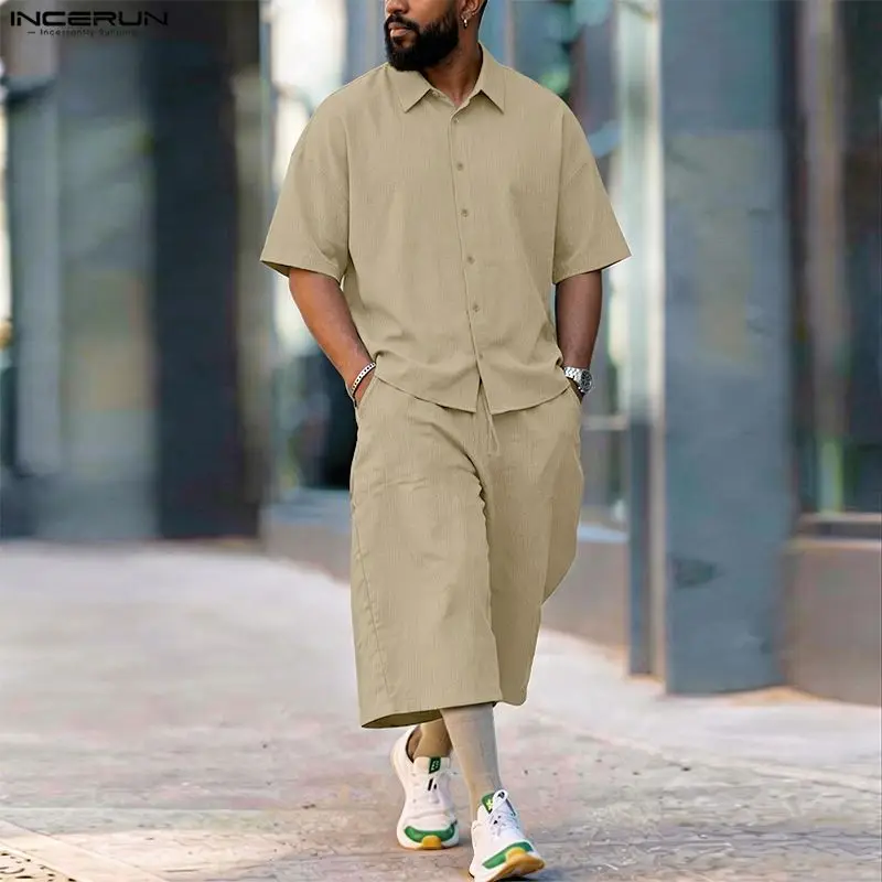 Fashion Streetwear - INCERUN 남성 세트 솔리드 라펠 반팔