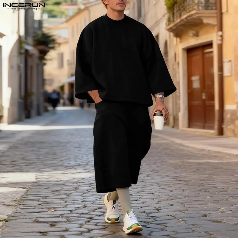 INCERUN 남성 세트 솔리드 컬러 배기 3/4 소매 - Fashion Streetwear 리뷰 및 가격